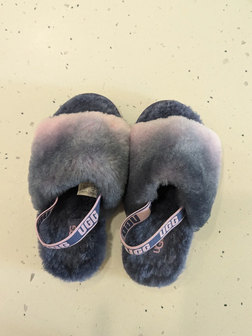 UGG Women's Pink and Gray Fluff Slide with Branded Strap